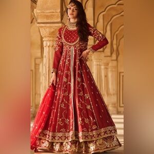 Lehenga Red Embroidered Long Sleeve Dress